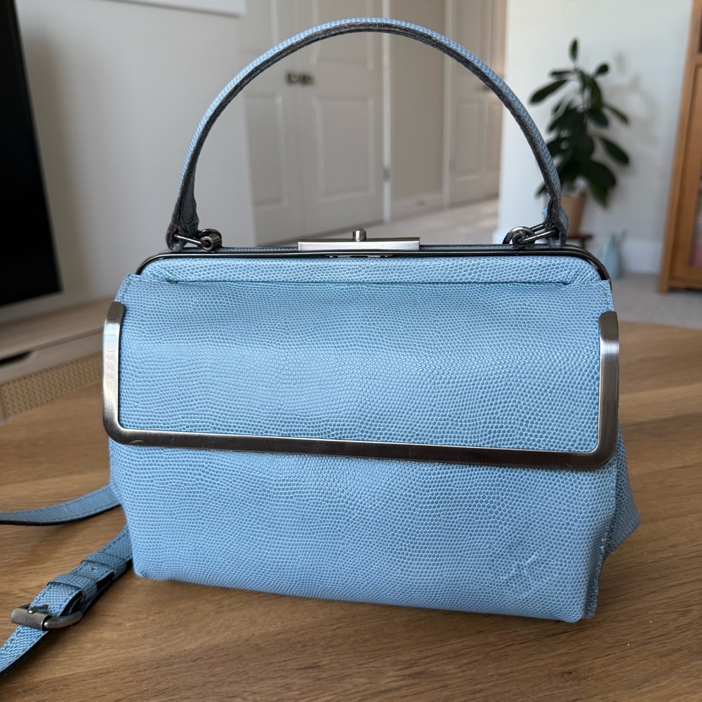 Patricia Nash Clira Leather Frame Satchel Safflower Blue Lizard